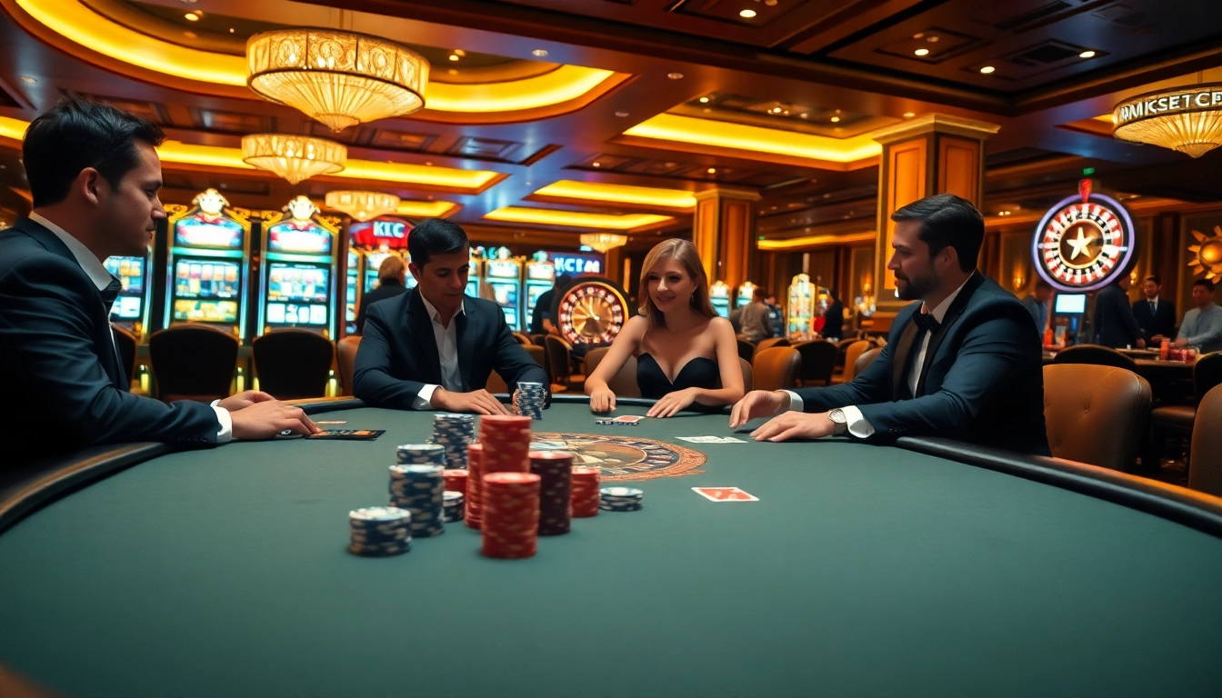 Players engage in a thrilling poker game at KJC's luxurious casino, featuring vibrant decor and high-stakes action.