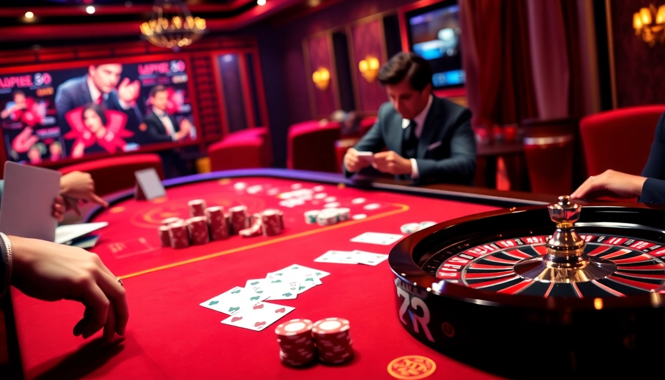 DU388 engaging gamblers at a vibrant casino table filled with poker chips and cards.
