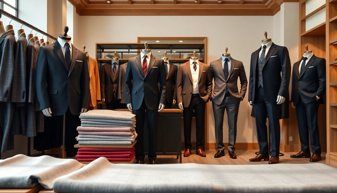 Bespoke custom made suits arranged elegantly in a stylish boutique, showcasing high-quality craftsmanship.