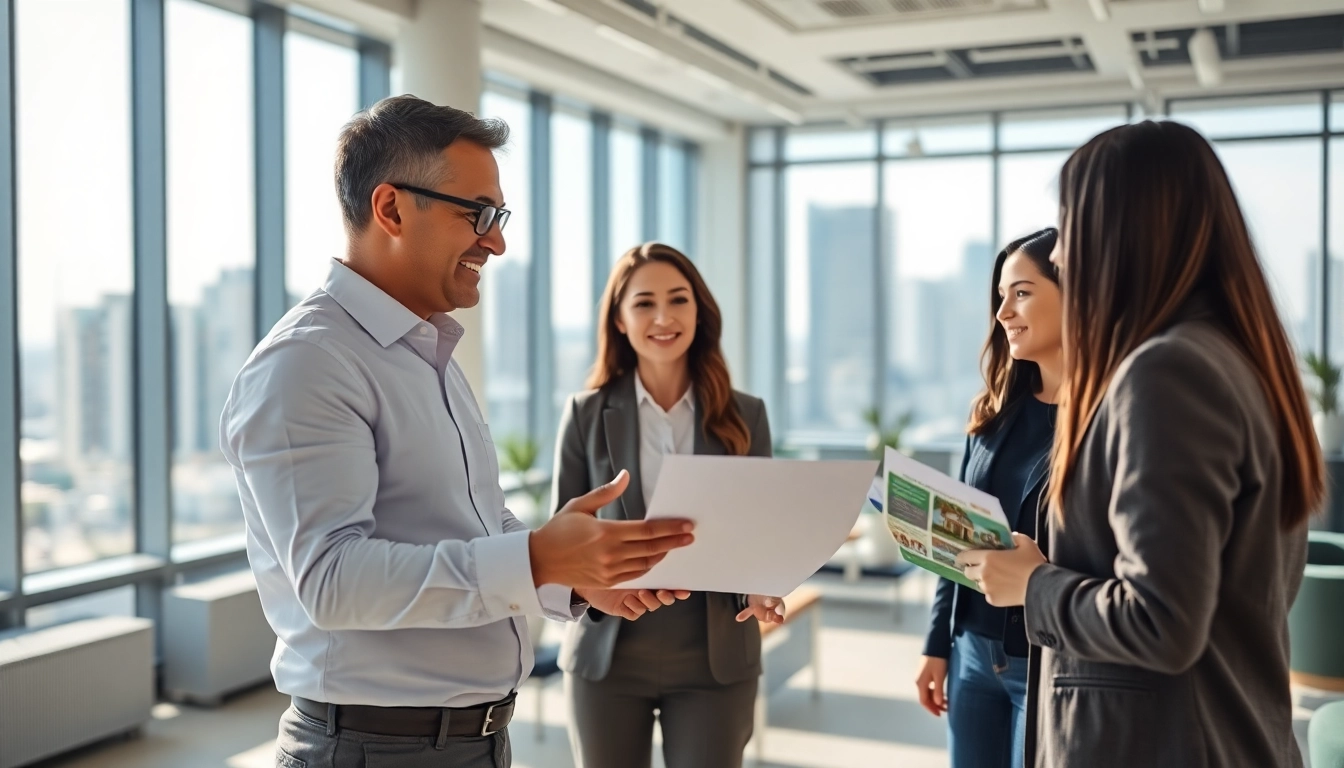 Engaging real estate agent assisting clients in a modern office environment.