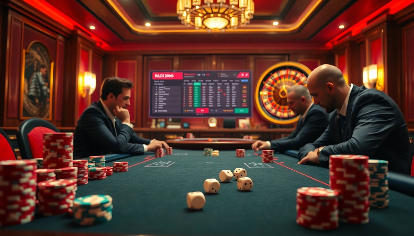 Scène captivante dans un casino en ligne présentant l'action au poker avec des jetons vibrants et une roue de roulette excitante.