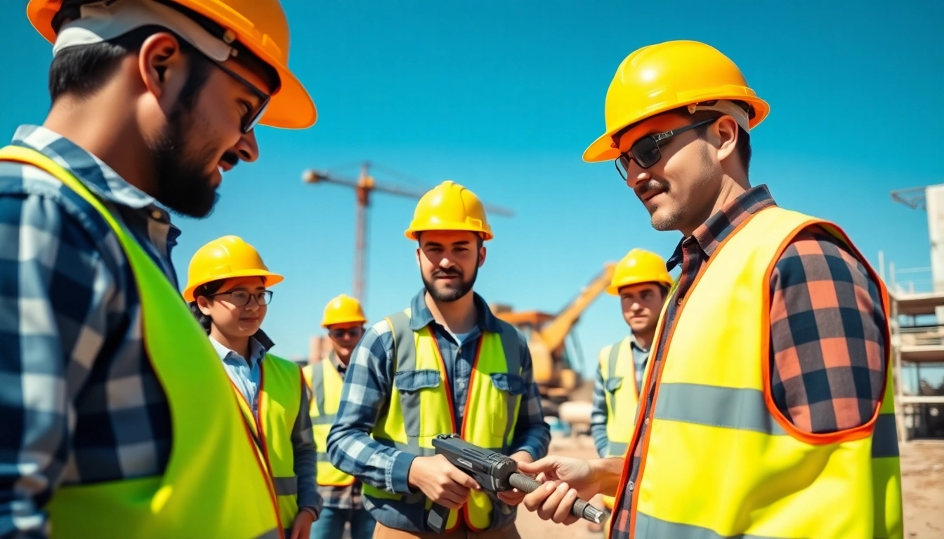 Construction workforce training with diverse workers collaborating on-site using tools.