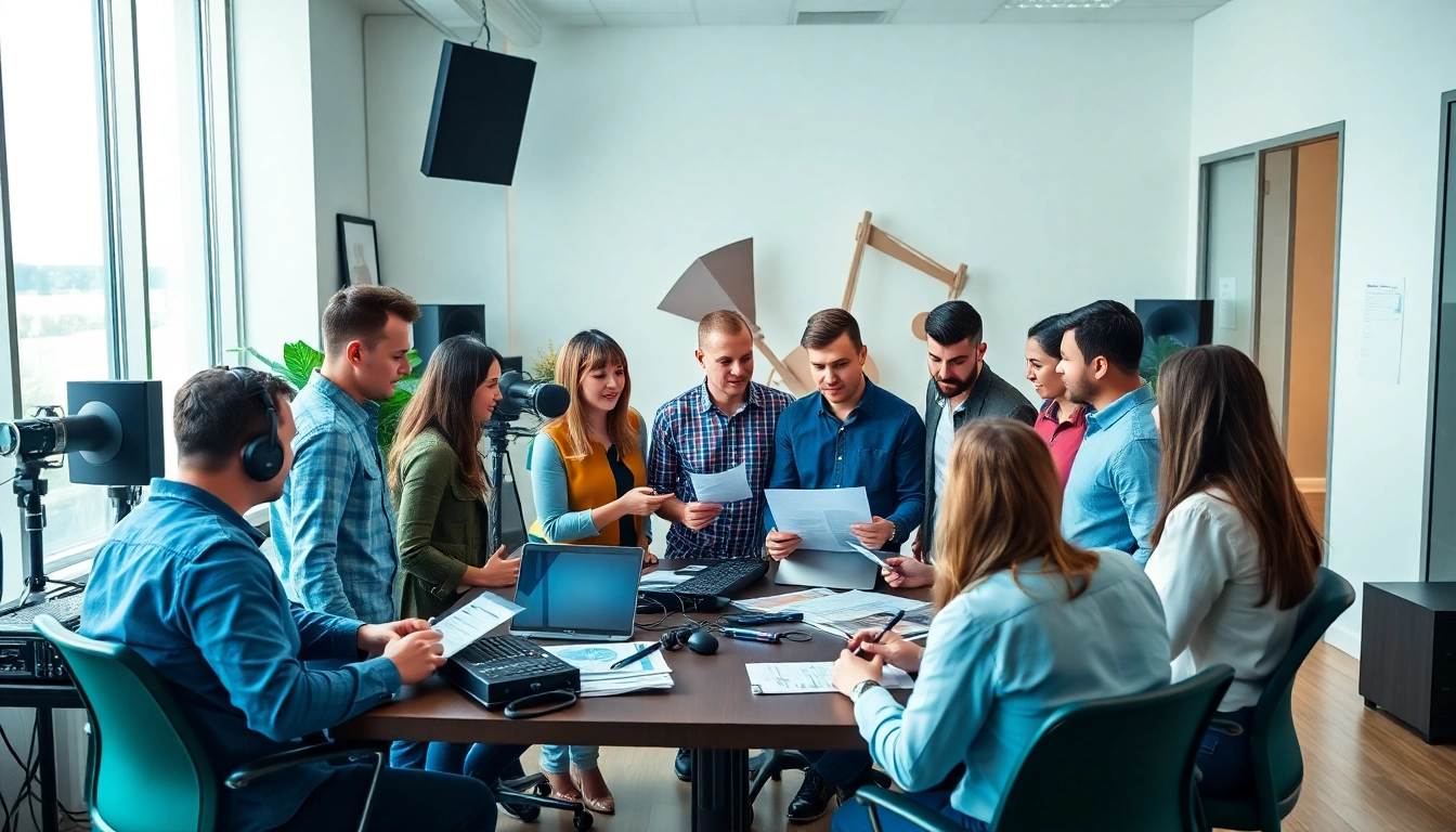 Engaged team collaborating at a music pr firm in a bright office environment.