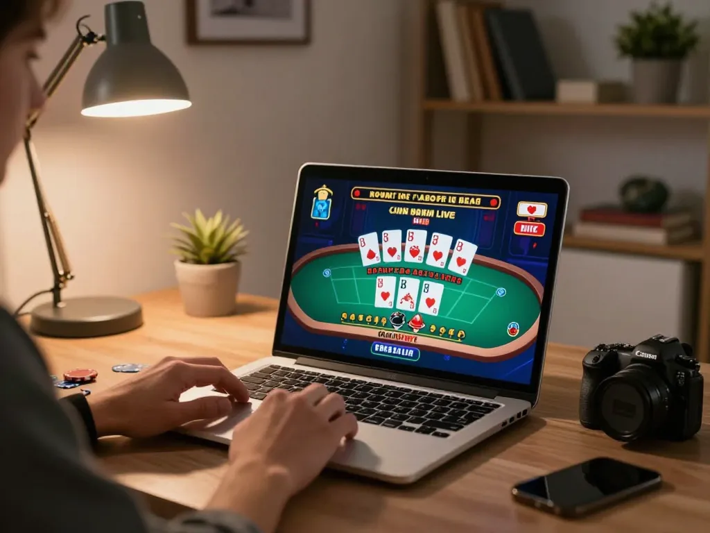 W88 online gaming setup featuring a player engaged in live dealer poker in a warm home office environment.