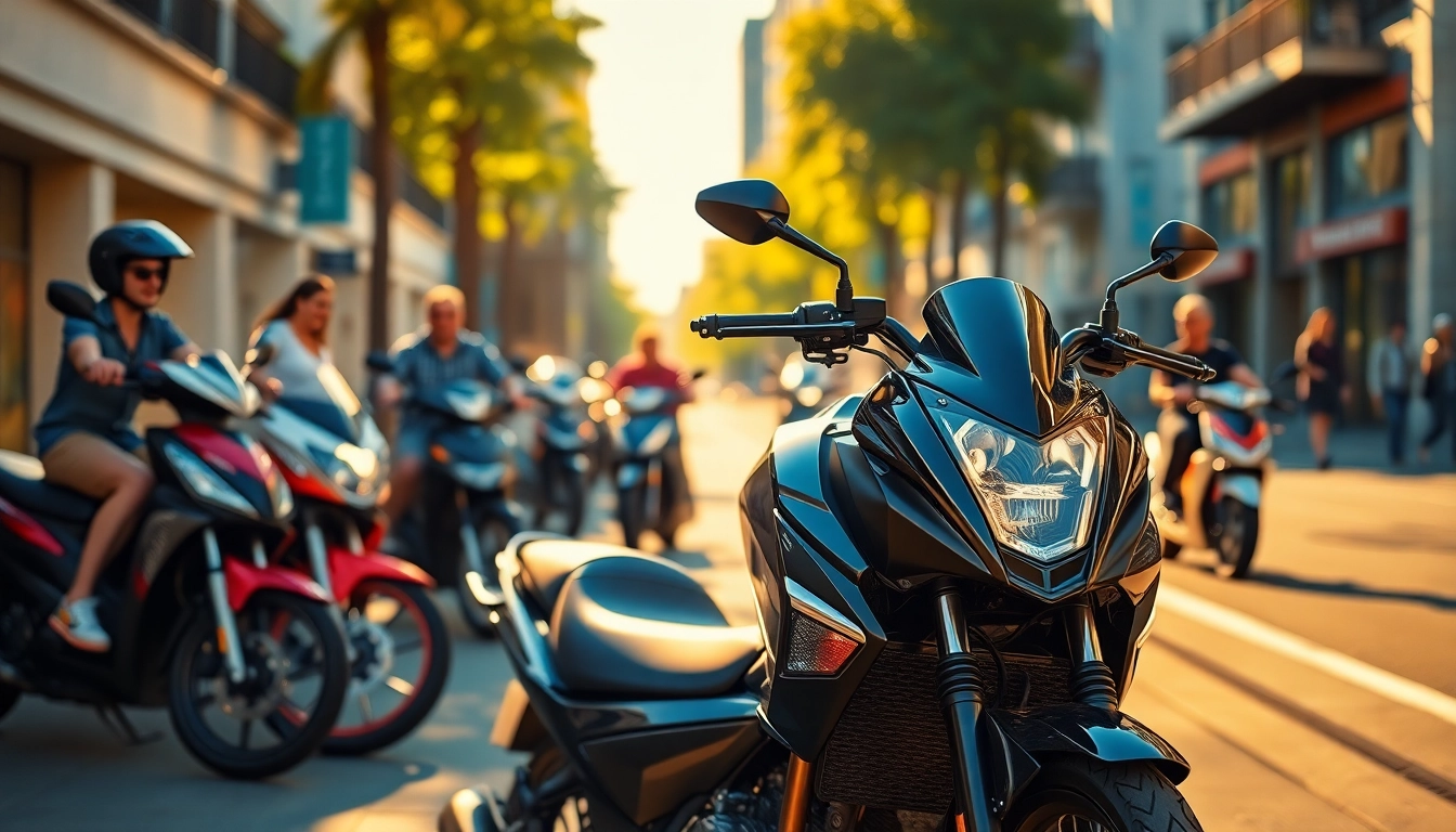 Image of affordable street legal motorcycles parked in a vibrant city setting.