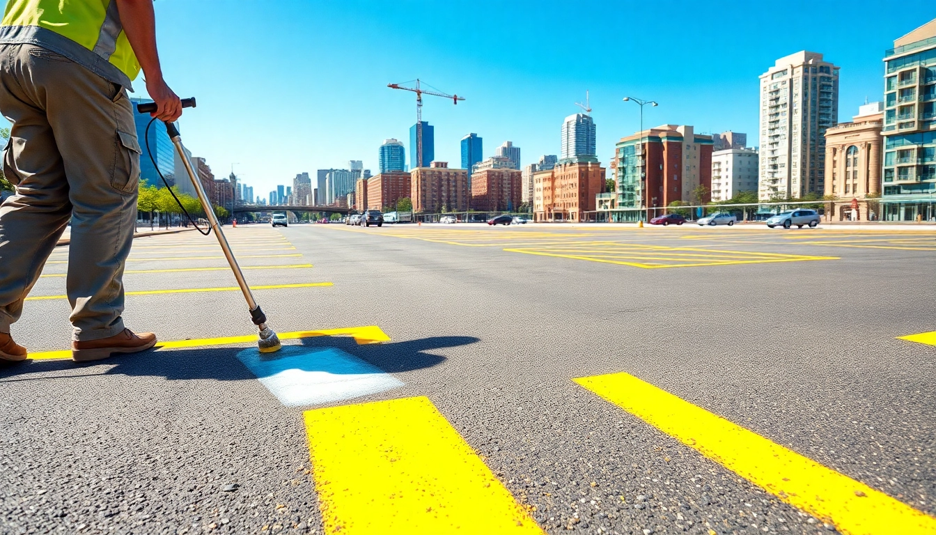 Freshly completed parking lot striping near me with bright yellow lines in an urban setting.