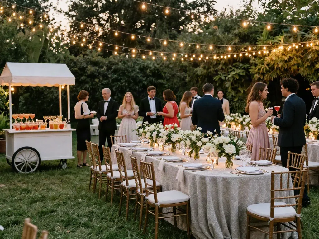 Outdoor wedding reception showcasing elegant event furniture rental, beautifully arranged table with floral centerpieces.