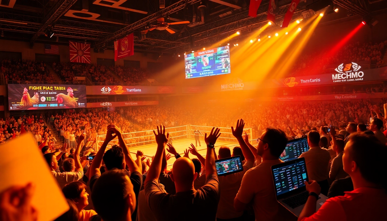 View exciting đá gà trực tiếp thomo action with vibrant fans and live betting statistics in a high-energy arena.