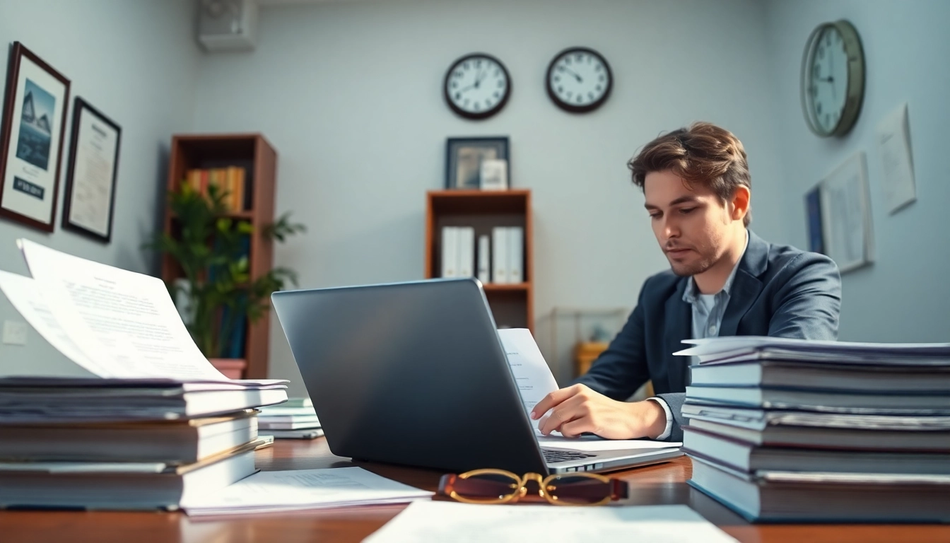 Traducteur assermenté anglais dans un cadre professionnel examinant des documents officiels.