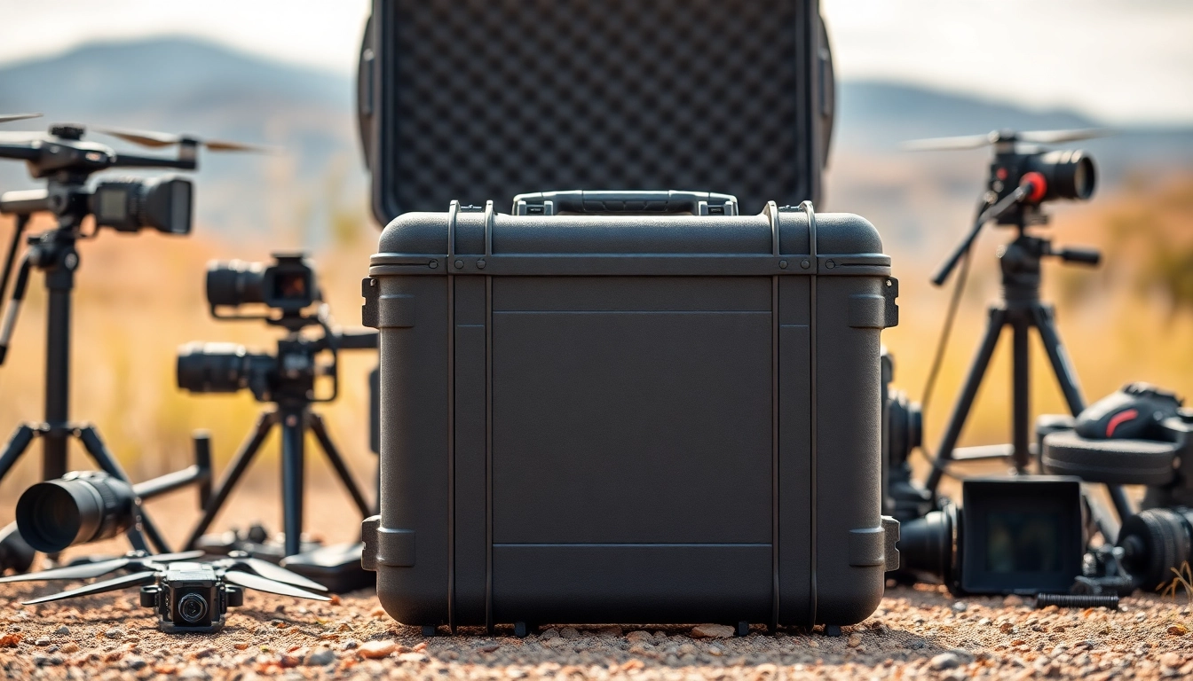 Showcasing a hard case surrounded by professional gear in an outdoorsy setting.