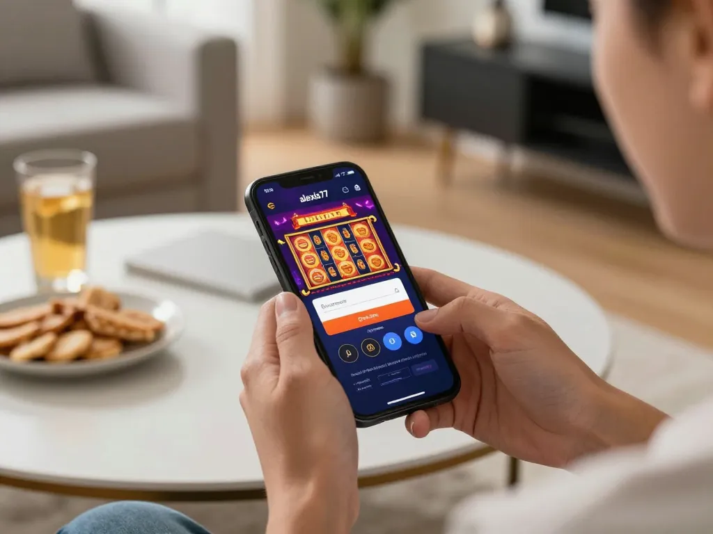 Accessing alexis77 login on a smartphone while enjoying online casino gaming at home.