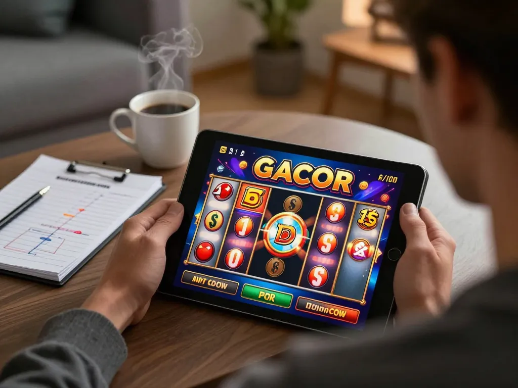 Player focused on SLOT GACOR online slot gameplay with vibrant graphics in a cozy home setting.