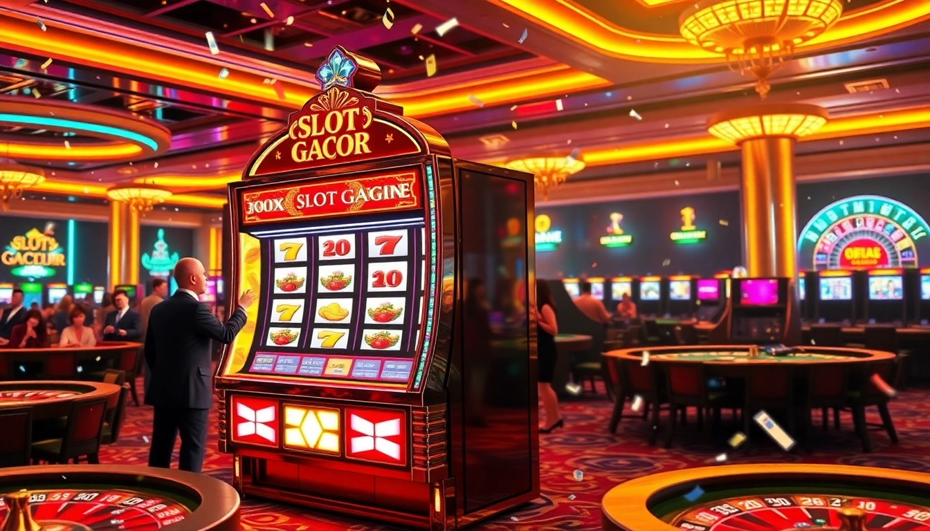 SLOT GACOR highlights an exciting win at a vibrant casino with joyful gamblers celebrating their success.