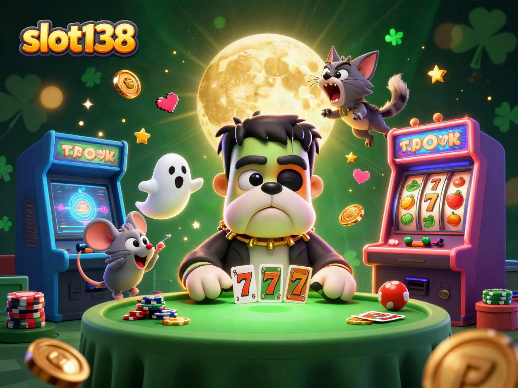 Engage in thrilling slot138 action with a lively cartoon Frankenstein bulldog and friends at a packed casino table.