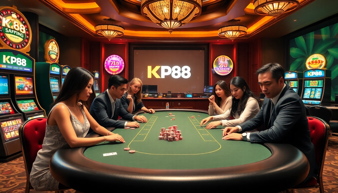 Exciting gameplay on kp88 trang chủ poker table with luxurious decor and vibrant casino atmosphere.