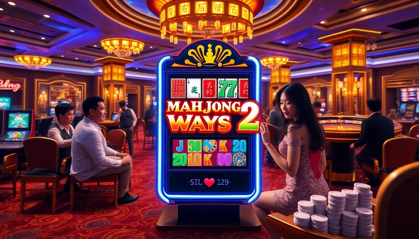 Players engaging with Mahjong Ways 2 slot machine in a vibrant casino, showcasing excitement and winning potential.