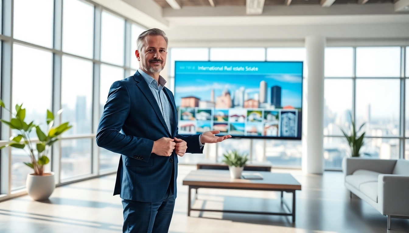 Showcasing international real estate properties through a professional agent in a bright office.