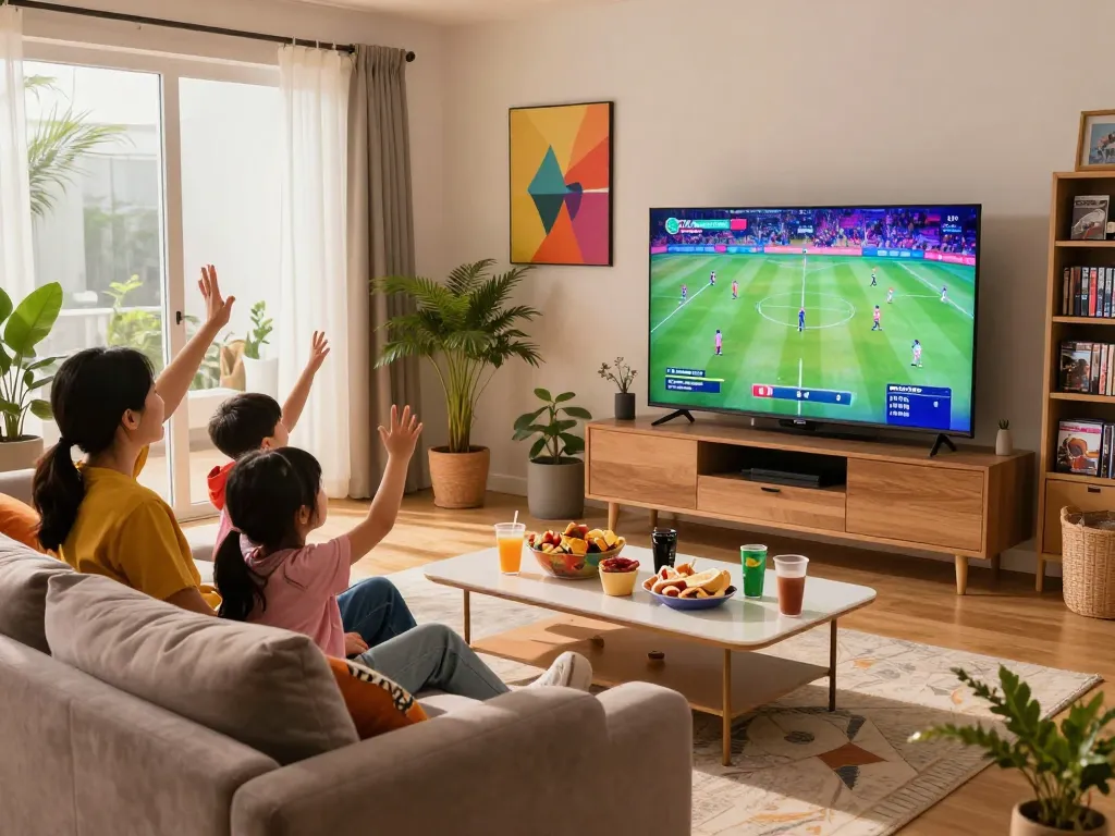 Gezin geniet samen van IPTV in een gezellige woonkamer, met levendige content en een warme sfeer.