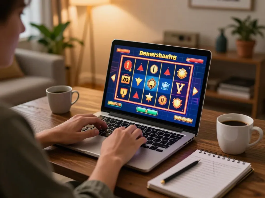 Bermain slot depo 1000 di rumah dengan laptop sambil menikmati kopi dan catatan strategi
