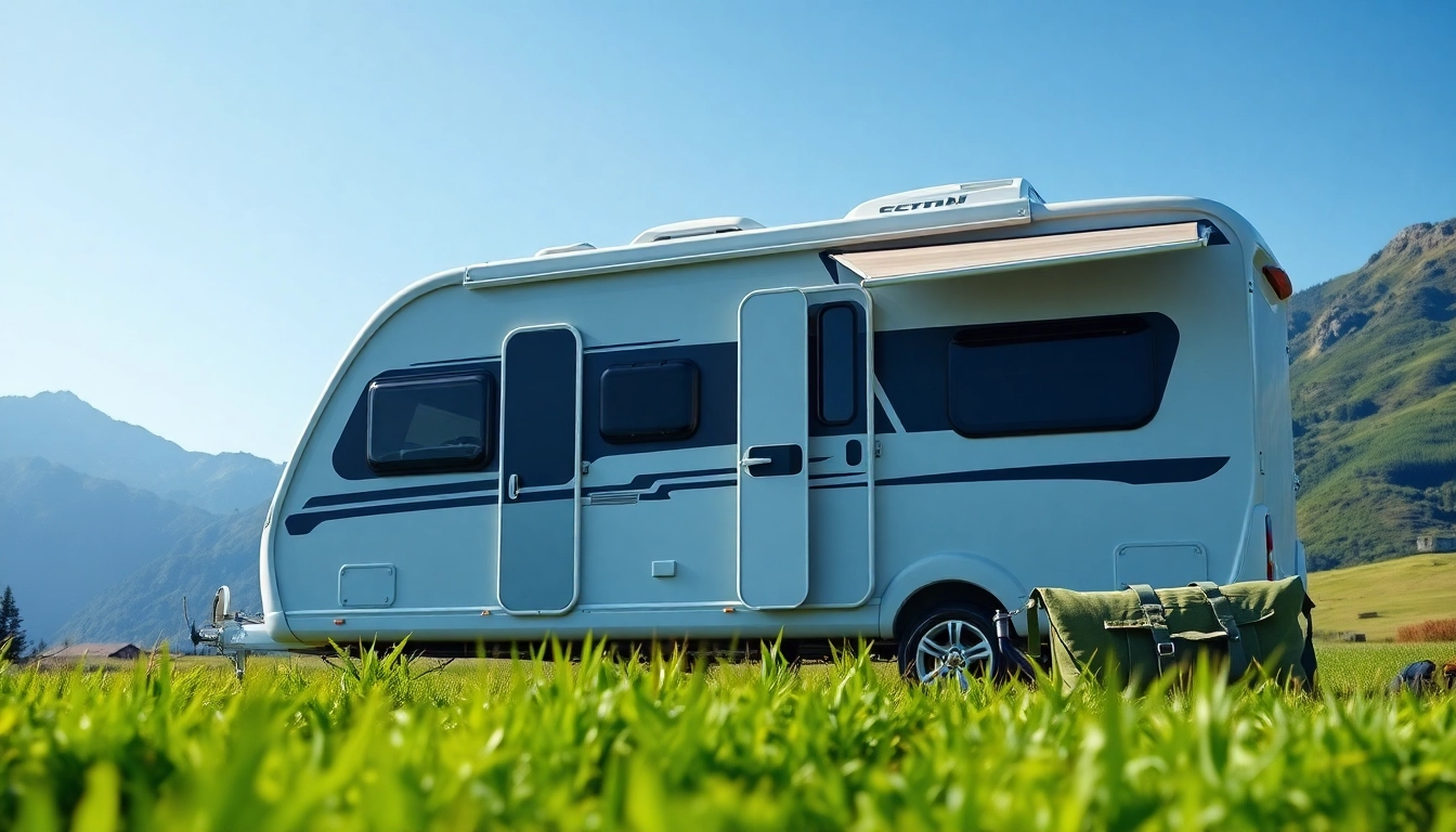 Showcase of Hugh Daly Caravans in a scenic outdoor environment highlighting modern design.