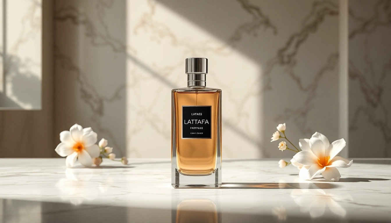 Lattafa parfum flacon mooi gepresenteerd met elegante details op marmeren achtergrond.