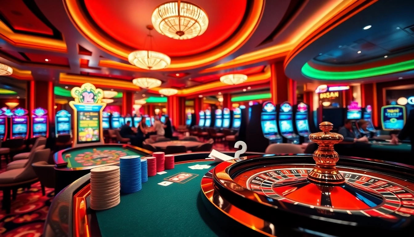 Experience 주소모음 through thrilling games at a luxurious casino, featuring roulette and poker tables.