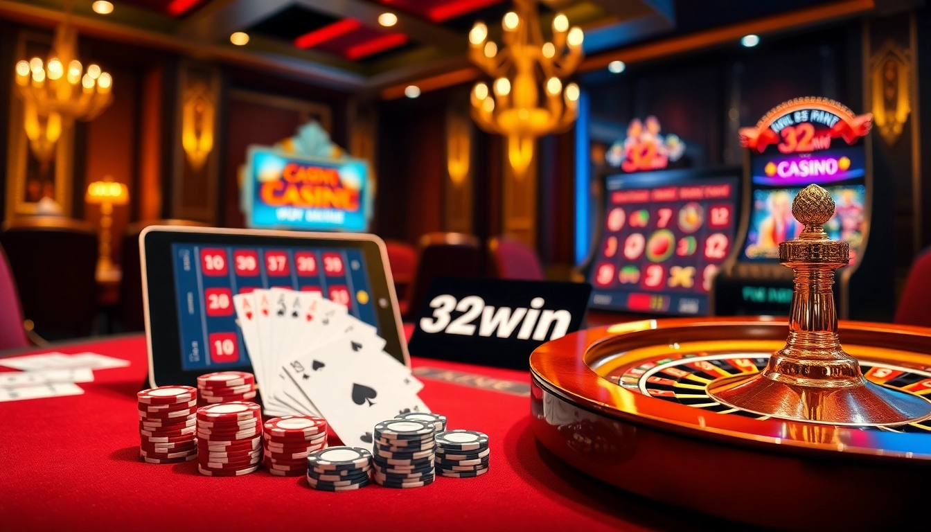 Experience the thrill of winning with 32win at a luxury casino table featuring poker chips and a roulette wheel.