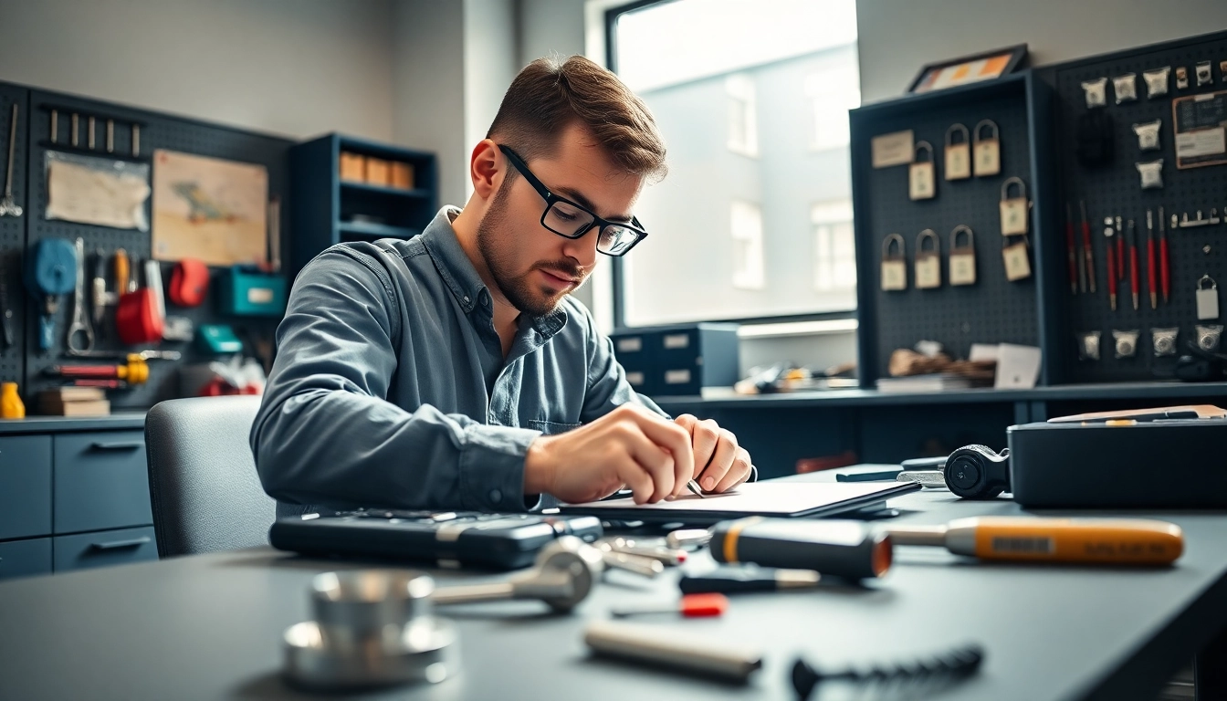 Best Commercial Locksmiths in Missouri assisting clients with high-security locks and tools in a modern office.