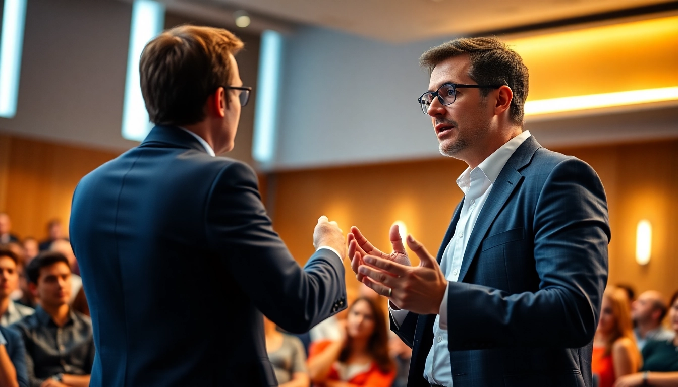 Public Speaking Coach delivering an engaging presentation to an attentive audience in a modern auditorium.