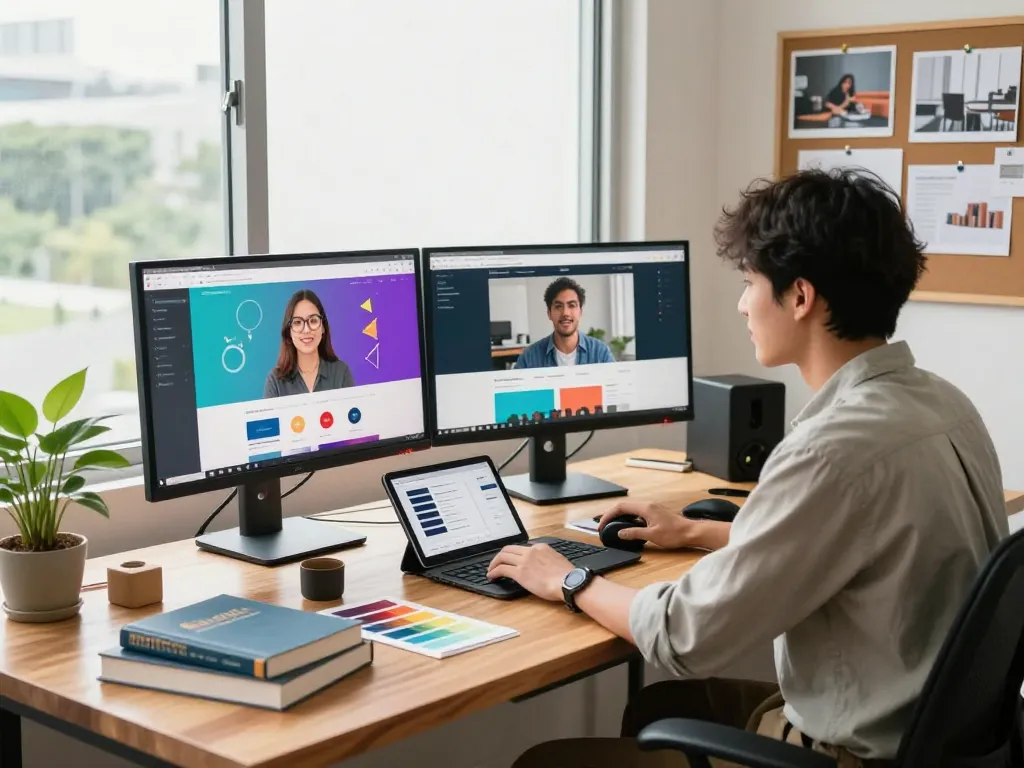 kl freelance web designer collaborating in modern workspace with vibrant website designs on screen