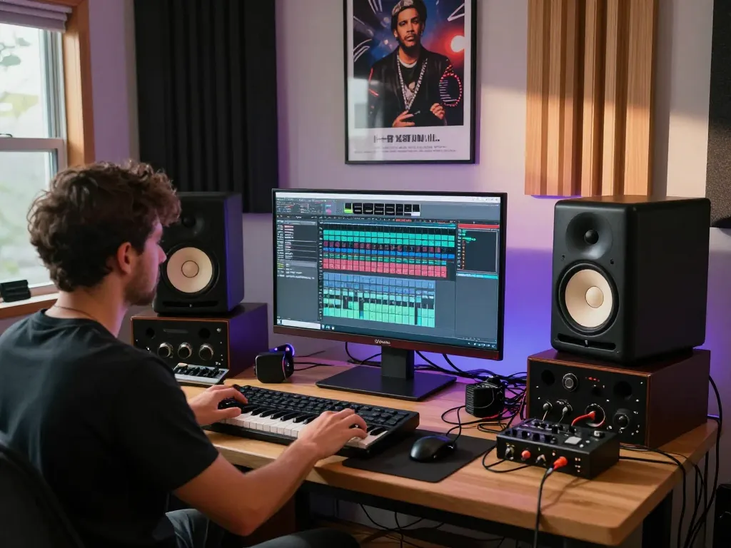 Composer utilizing SC88 sound module in a modern studio setting with acoustic panels and ambient lighting.