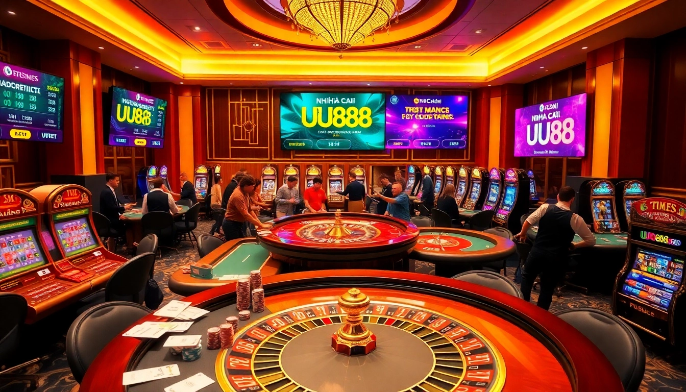An engaging casino experience with Nhà Cái UU88 showcasing poker tables and vibrant slot machines filled with players eager for wins.