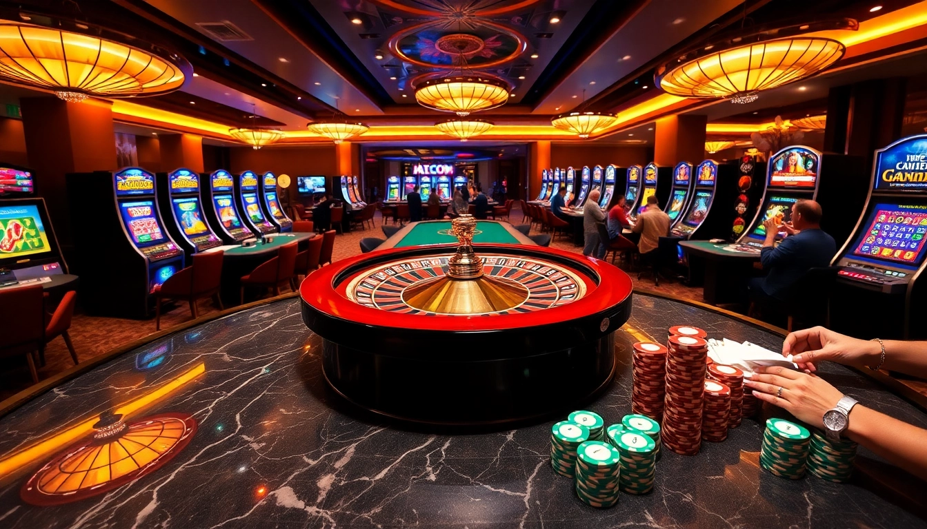 Experience the thrill of casino gaming at KJC COM, featuring poker tables, roulette wheels, and vibrant slot machines.