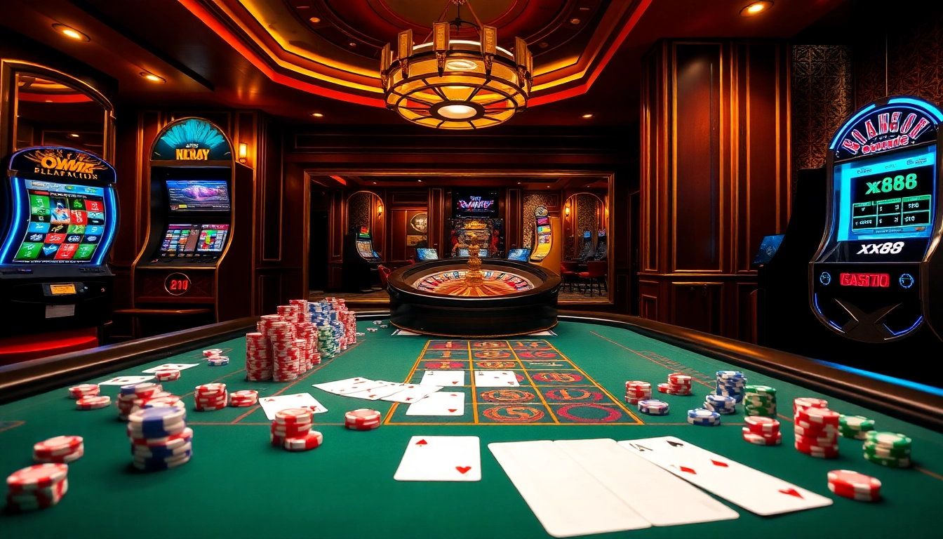 Amazing action shot showcasing the xx88 casino atmosphere with cards and roulette wheel.