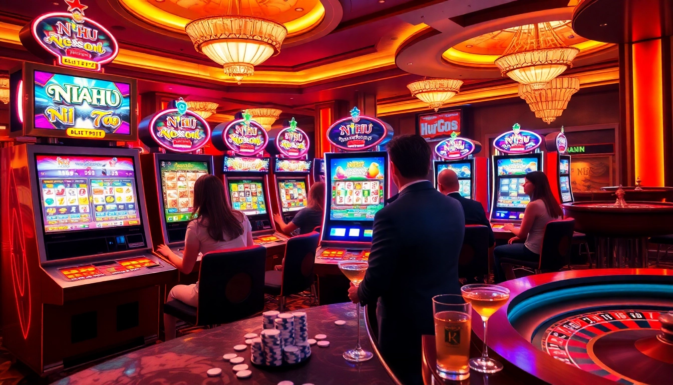 Nổ hũ slot machines illuminate the casino floor, showcasing excitement and luxury for players.