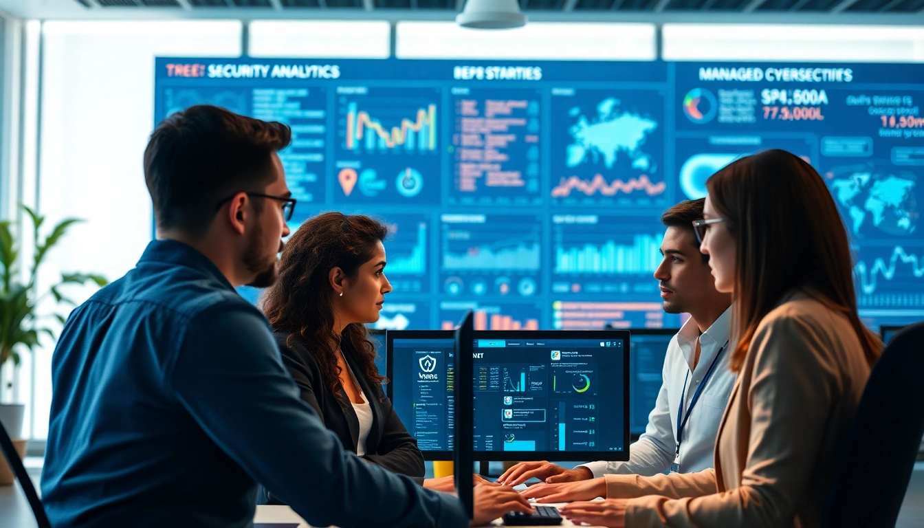 Discover managed cybersecurity services in action with professionals analyzing security data in a modern office.