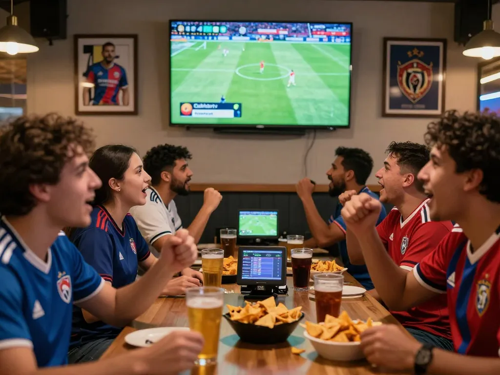 Excited soccer fans enjoying a live match streaming on Cakhiatv in a vibrant sports bar atmosphere