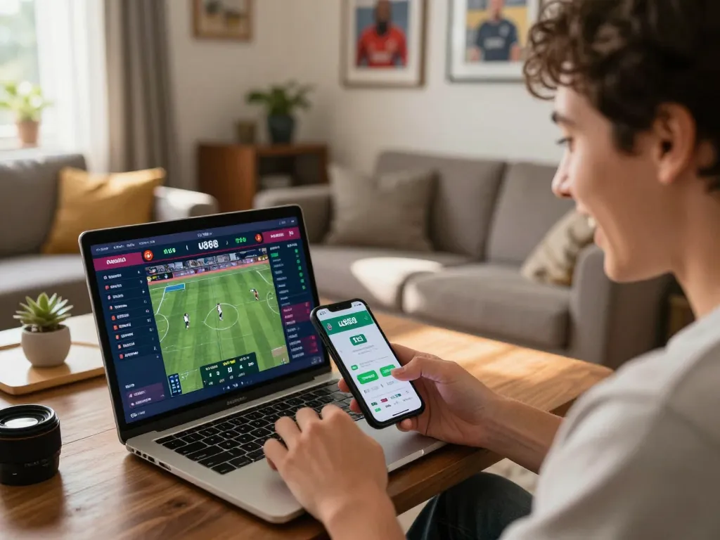 Engaging moment of excitement while placing bets on u888 sports events via smartphone and laptop.