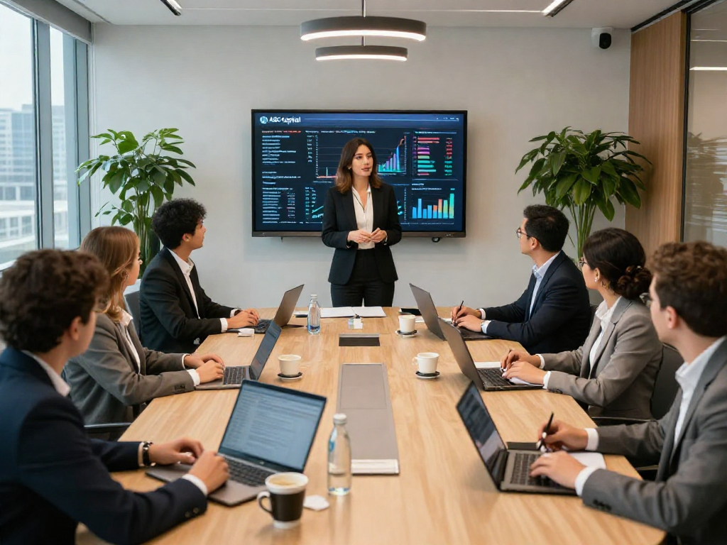 Bardya Ziaian presenting financial strategies at ABC Capital's modern conference room surrounded by engaged team members.