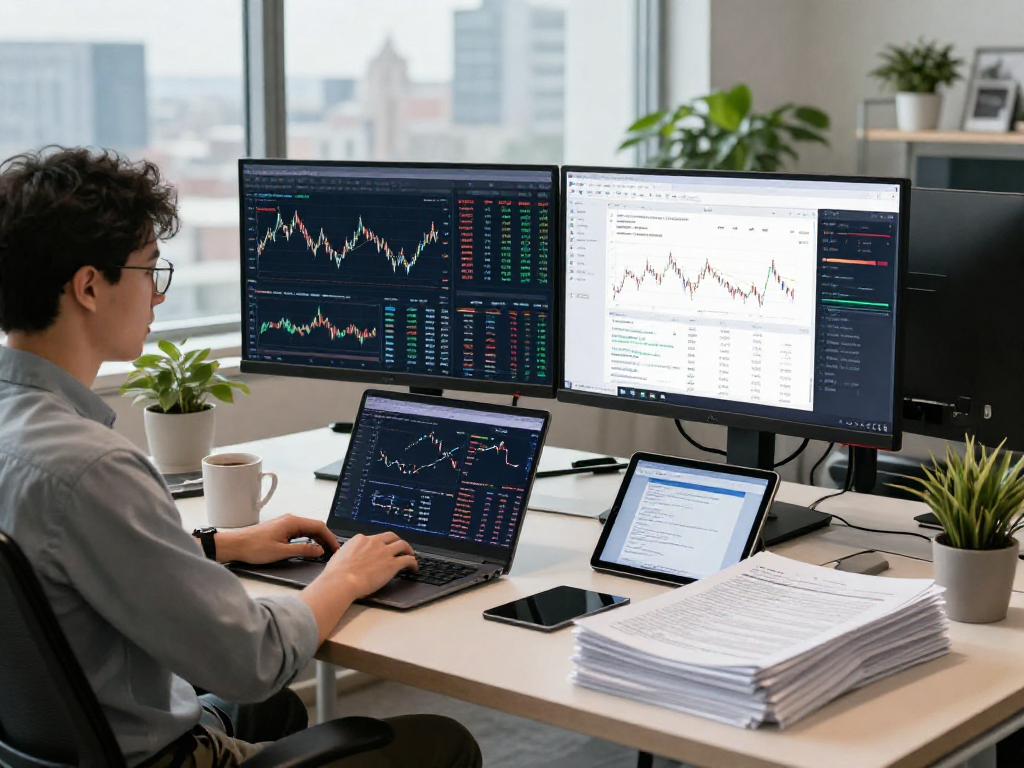 Financial developer analyzing index backtesting data in a modern workspace setting.