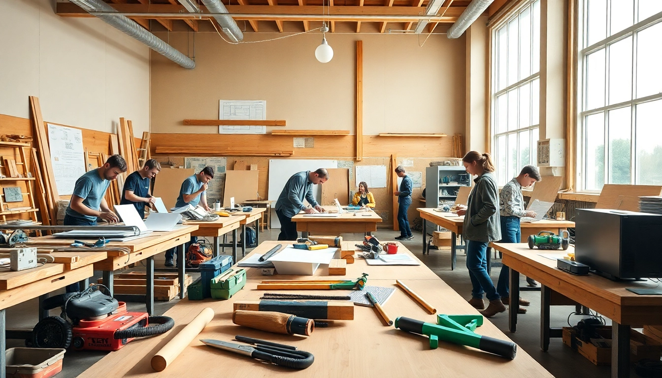 Students engaging in construction classes, actively learning in a bright workshop setting.