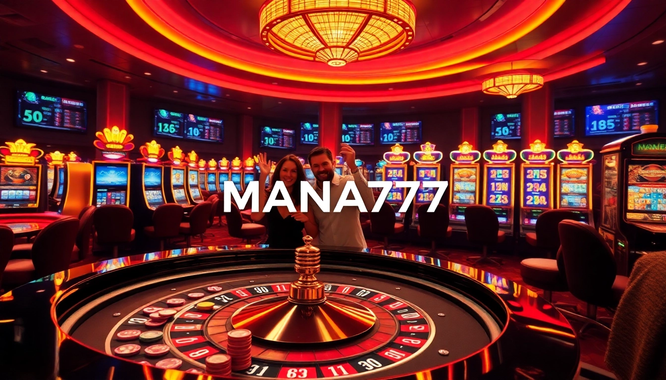 MANA777 casino scene with vibrant slot machines and poker chips depicting excitement in gambling.