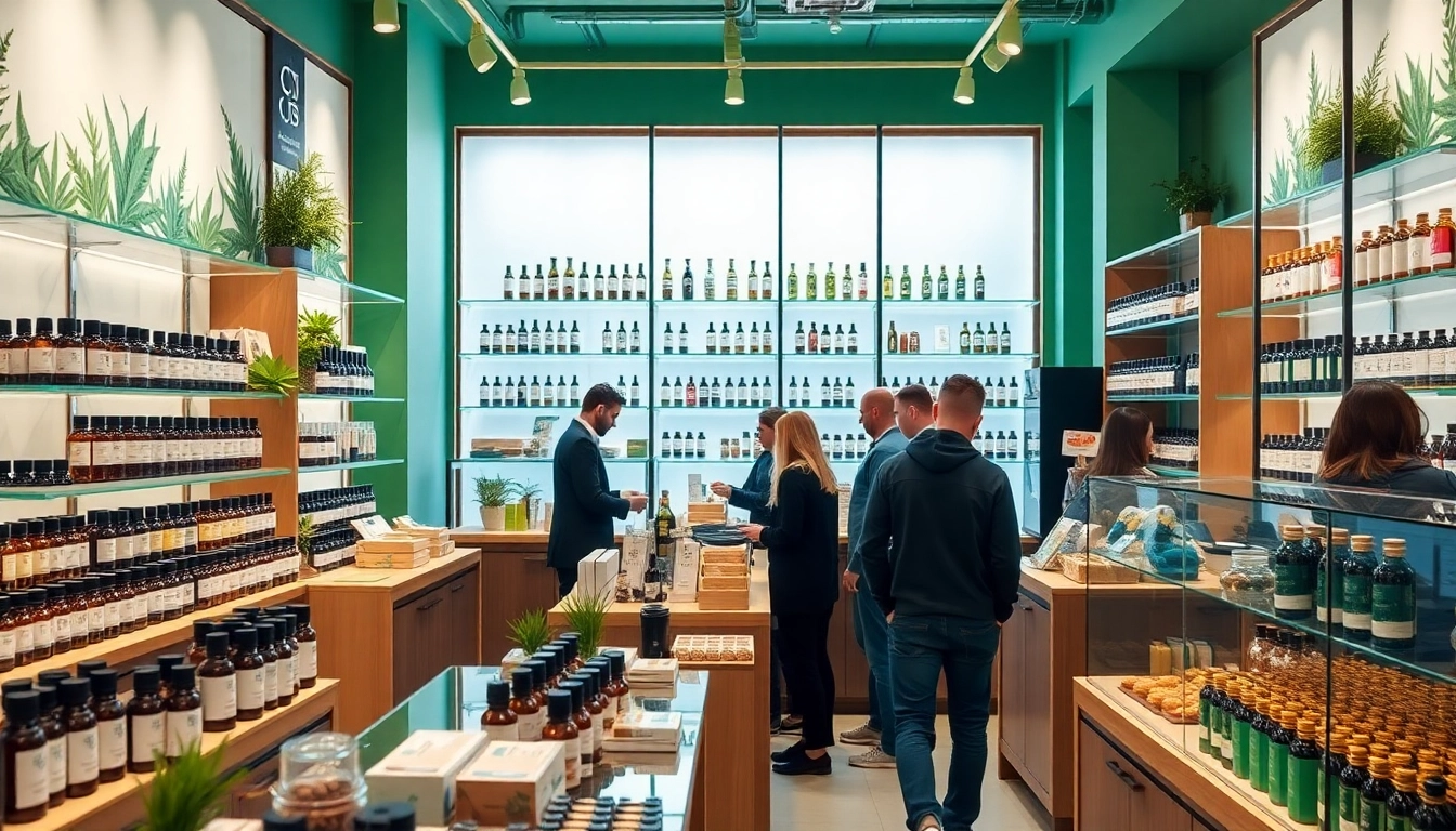 Showcase of a vibrant CBD shop in Madrid with various products prominently displayed.