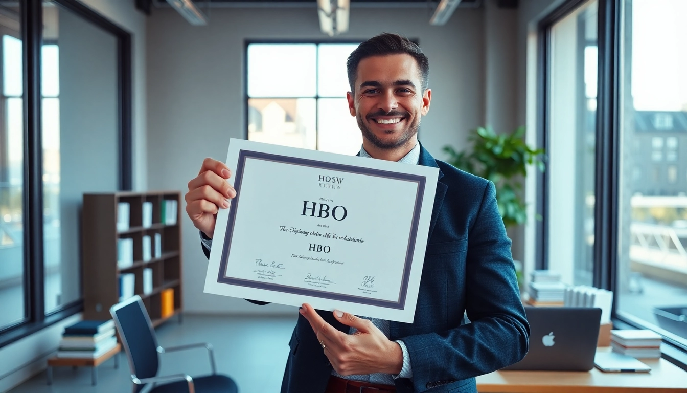 Person holding an hbo Diploma kopen in a modern office setting, showcasing pride and achievement.