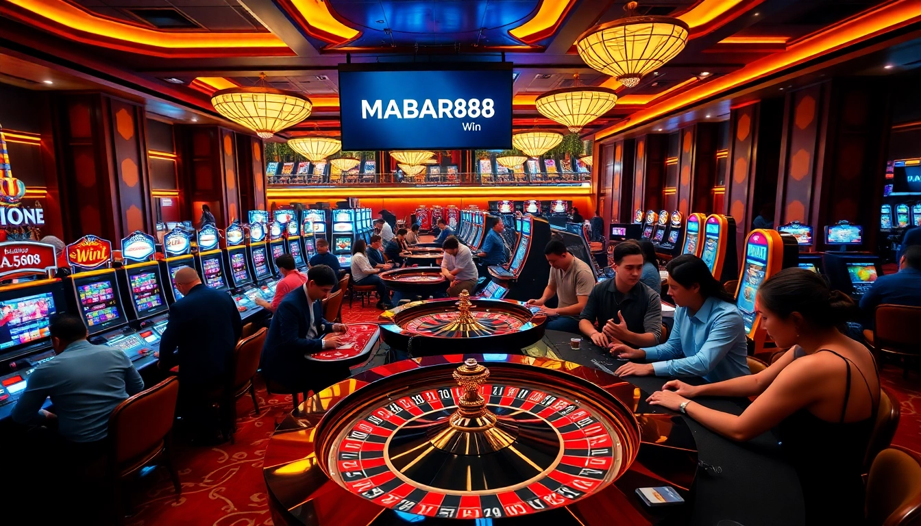 MABAR88 Win ditampilkan dalam lingkungan kasino yang semarak dengan pemain yang terlibat di meja permainan.