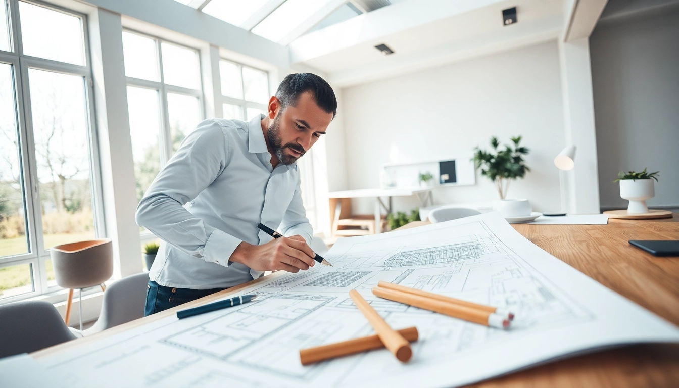 Start a residential architecture project with an architect sketching modern building plans in a bright office.