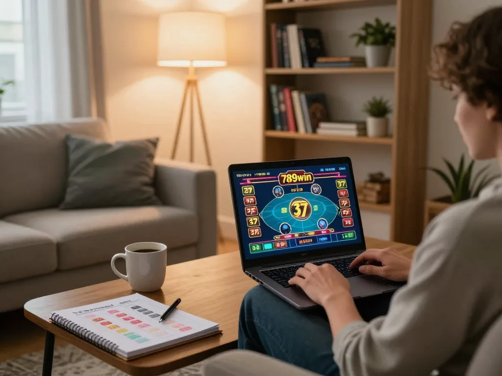 Player enjoys engaging online gameplay at home using 789win 37, surrounded by strategic betting notes and a cozy atmosphere