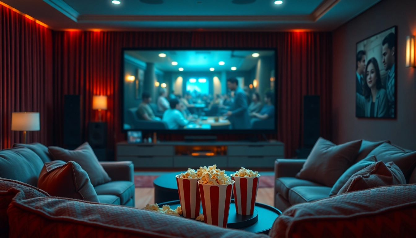 Watch ดูหนังออนไลน์ in a cozy living room with a cinematic setup featuring warm lighting.