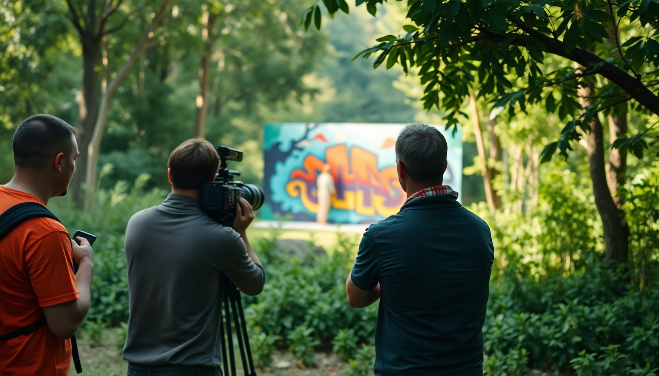 Capturing cinematic video production with a creative team in a lush outdoor setting