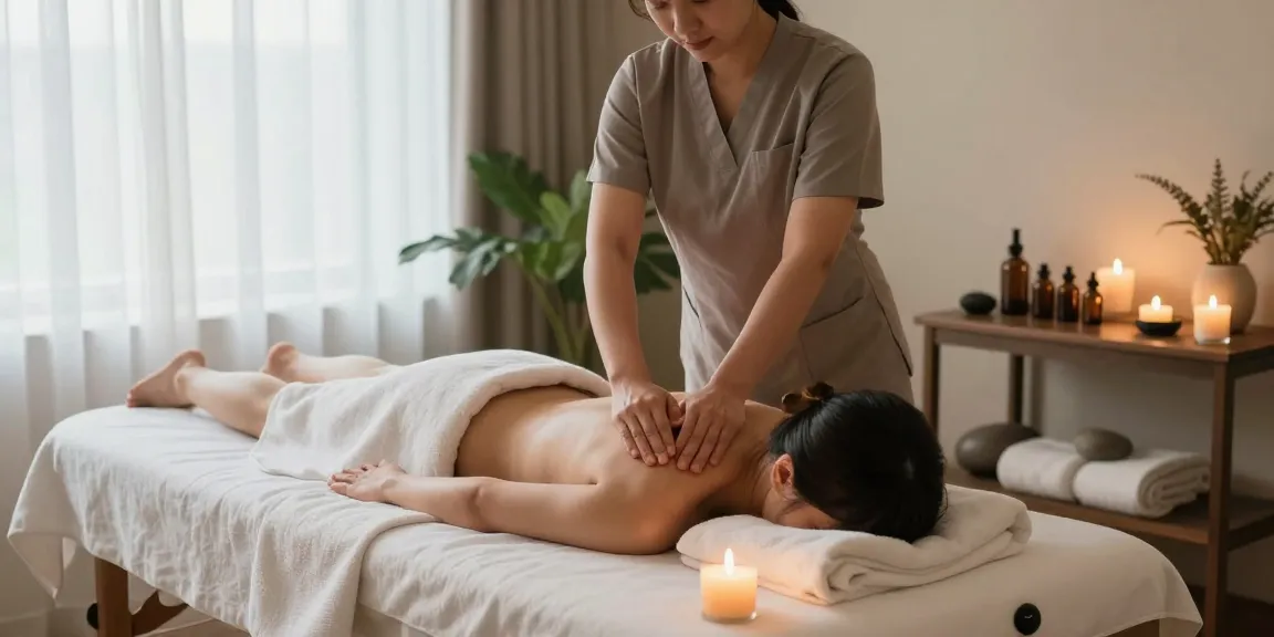 스웨디시 마사지 중인 모습, 아로마 촛불과 자연 요소가 있는 편안한 스파 환경